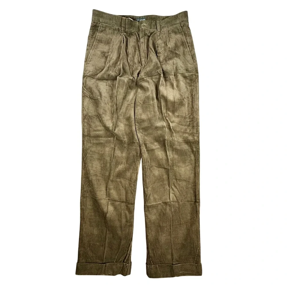 Dockers Recode Men's Olive Corduroy Pleated Cuffed Relaxed Fit Pants W34 L32 VTG - Picture 1 of 9